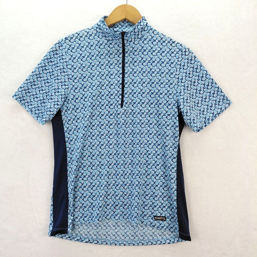 Kerrits Ice Fil Equestrian Riding Shirt Womens Medium Blue 1/4 Zip Horseshoe AOP